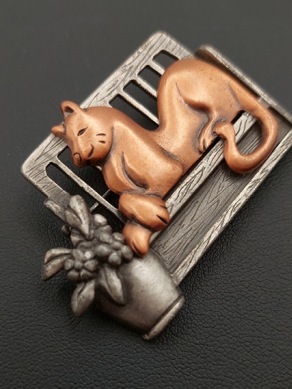Whimsical mixed metals, K & K kitty cat by flower pot vintage copper pewter pin